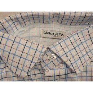NWOT Collars & Co Men’s L Quattro Flex Dress Shirt LS Blue and Pink Tattersall